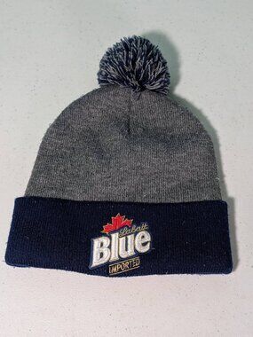 Labatt Blue Imported Beer Pom Pom Beanie Stocking Cap Blue & Gray